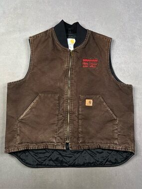 Carhartt Brown Quilted Work Vest with Red Embroidery